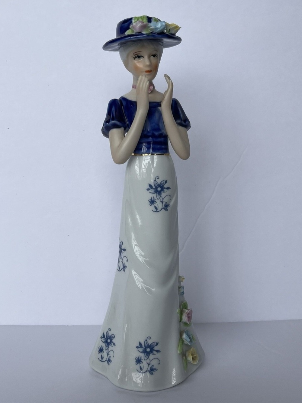 Vintage Porcelain Lady Figurine Blue White Dress Applied Flowers Victorian